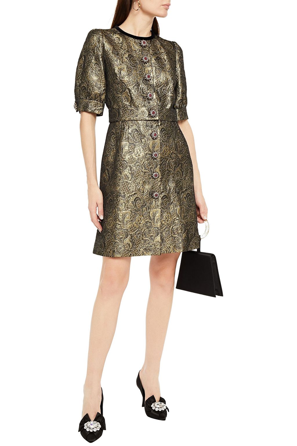 DOLCE&GABBANA Minikleid aus Jacquard in Metallic-Optik mit Zierknöpfen und Samtbesatz
