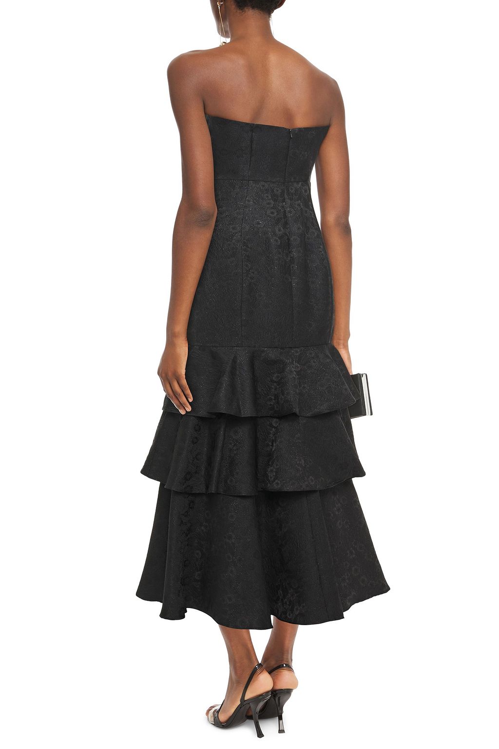 ml monique lhuillier silver metallic jacquard gown