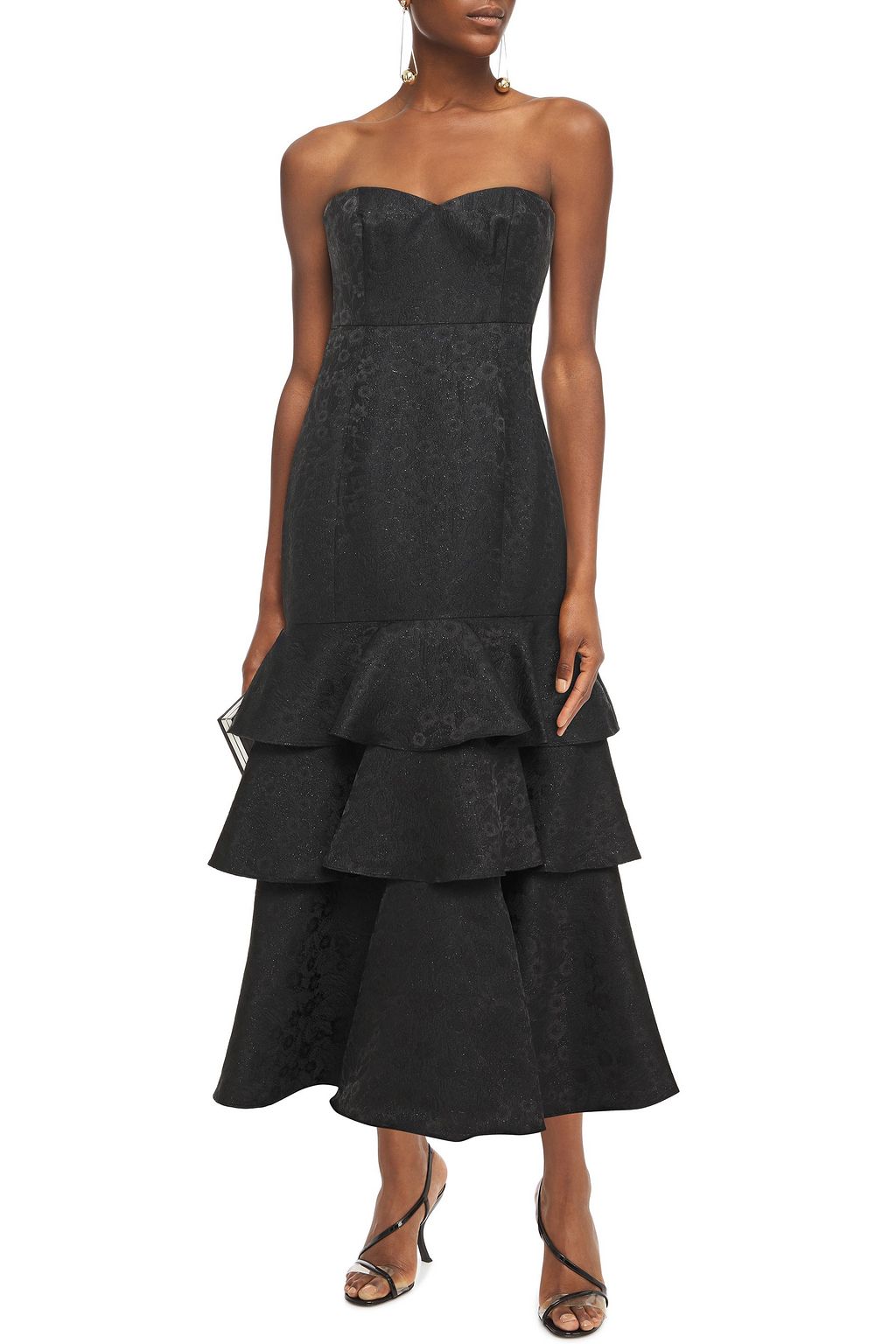 ml monique lhuillier silver metallic jacquard gown
