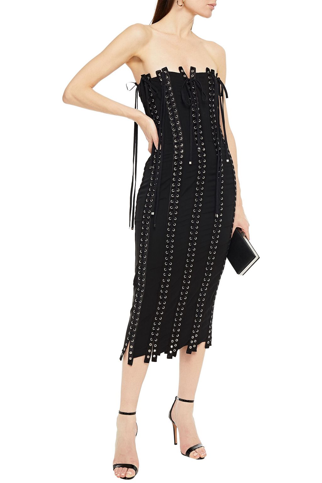 DOLCE&GABBANA Strapless lace-up satin-trimmed silk-blend midi dress