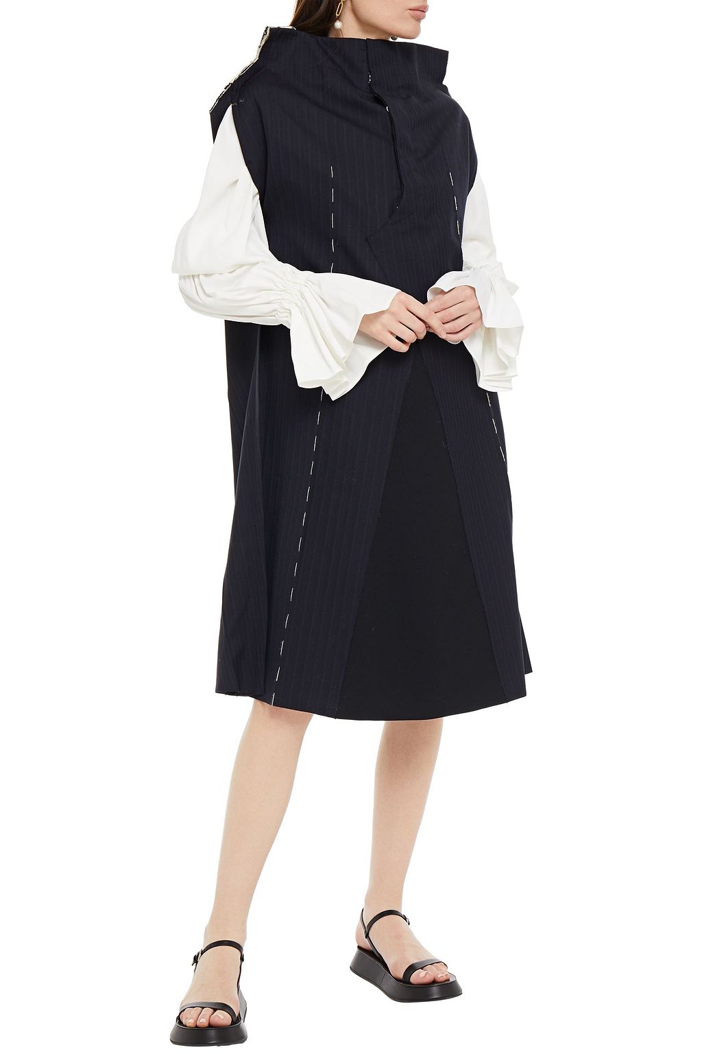 MAISON MARGIELA Button-embellished striped wool-jacquard midi dress
