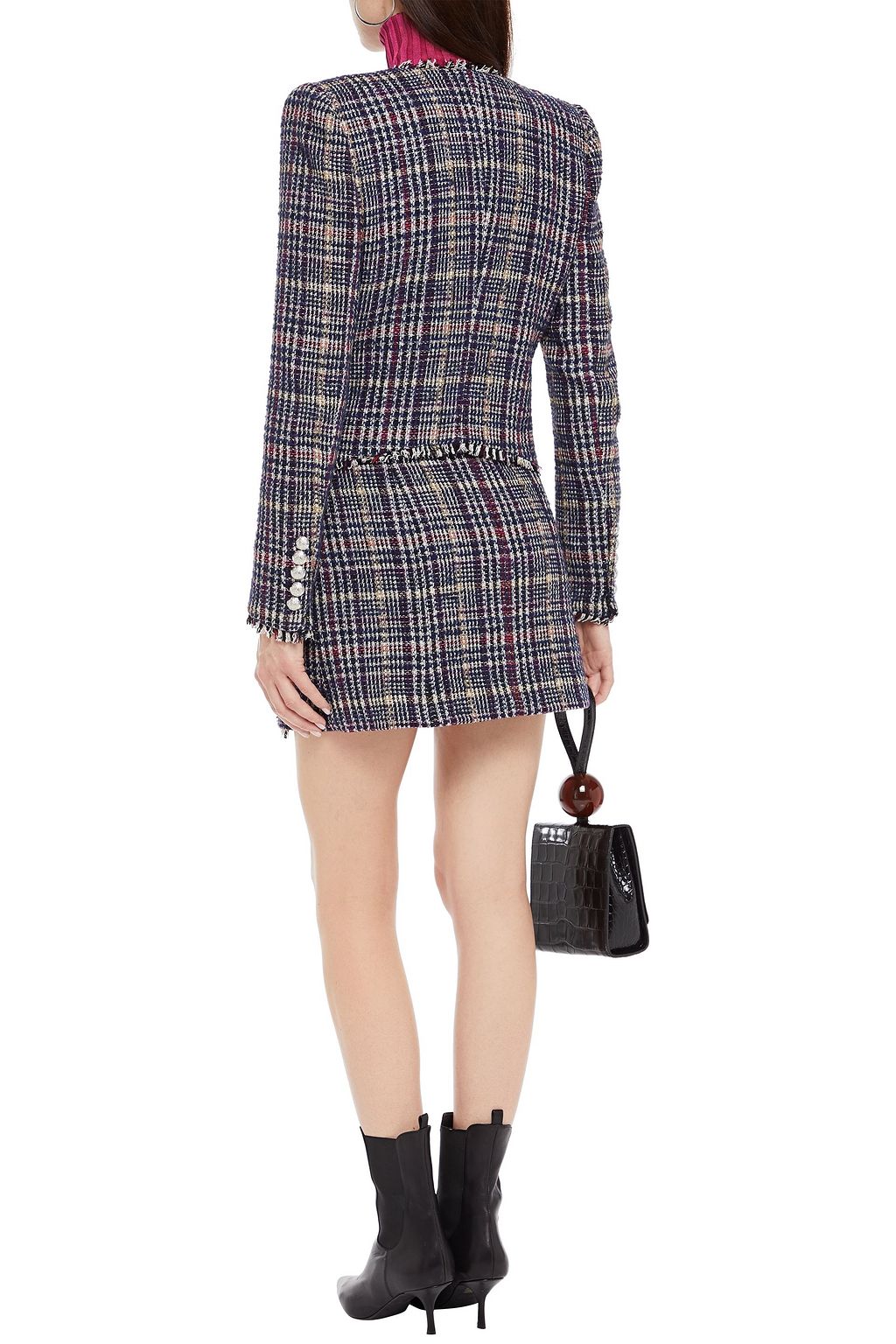 VERONICA BEARD Celie button-embellished grosgrain-trimmed metallic tweed mini skirt