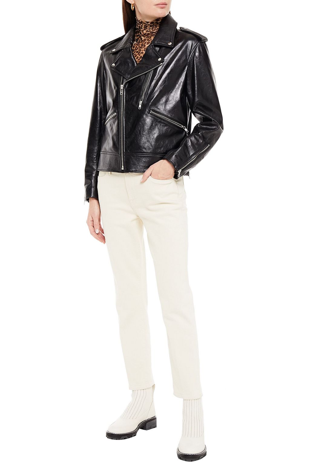 MCQ ALEXANDER MCQUEEN Zip-detailed glossed-leather biker jacket