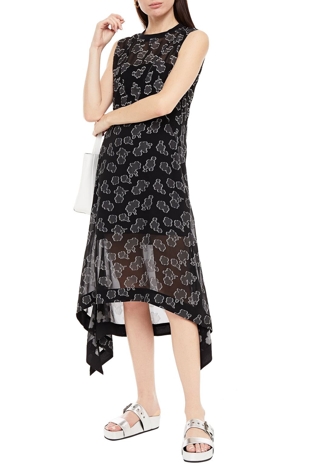 MCQ ALEXANDER MCQUEEN Asymmetric fil coupé silk-blend chiffon midi dress