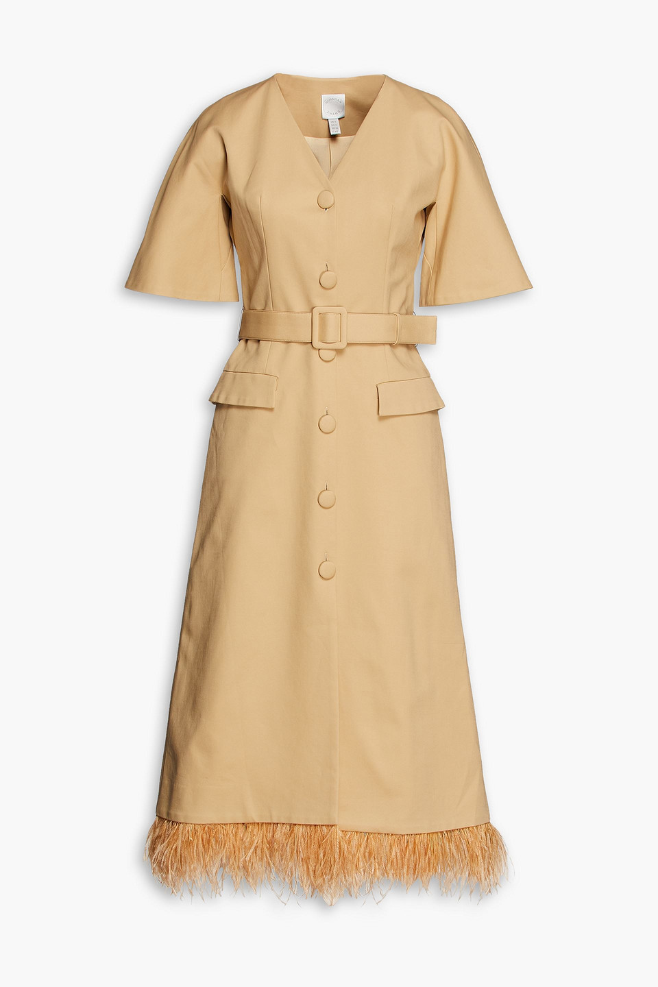 Huishan Zhang Ariel feather-trimmed belted cotton-blend coat