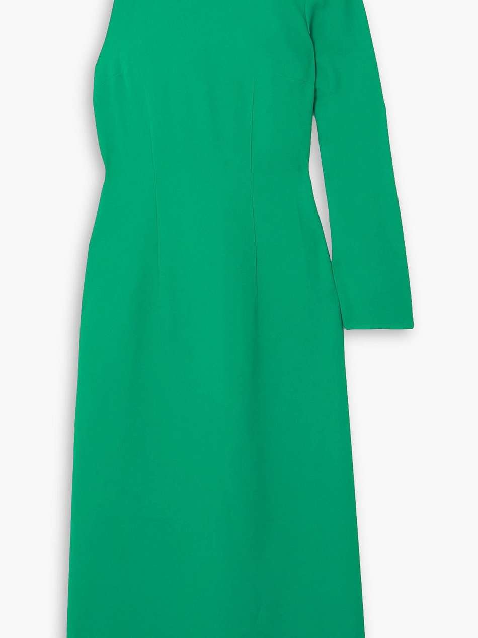 one-sleeve chain-embellished crepe midi dress