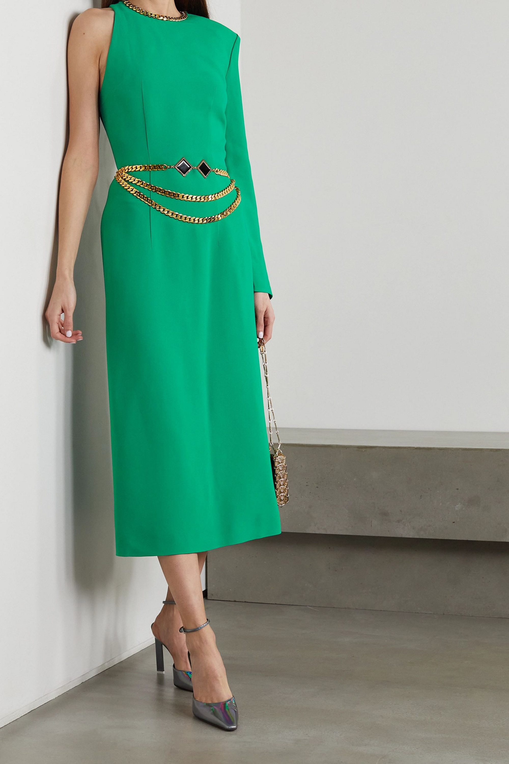 Rowen Rose One-sleeve chain-embellished crepe midi dress