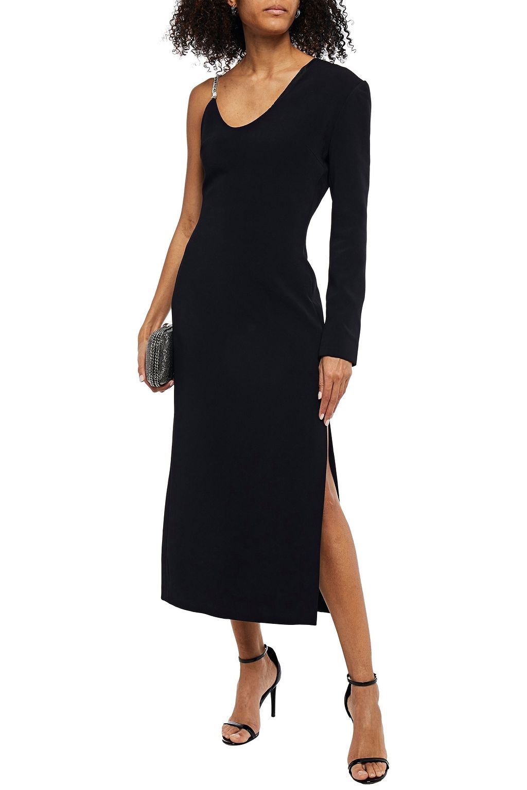 DAVID KOMA One-sleeve crystal-embellished cady midi dress