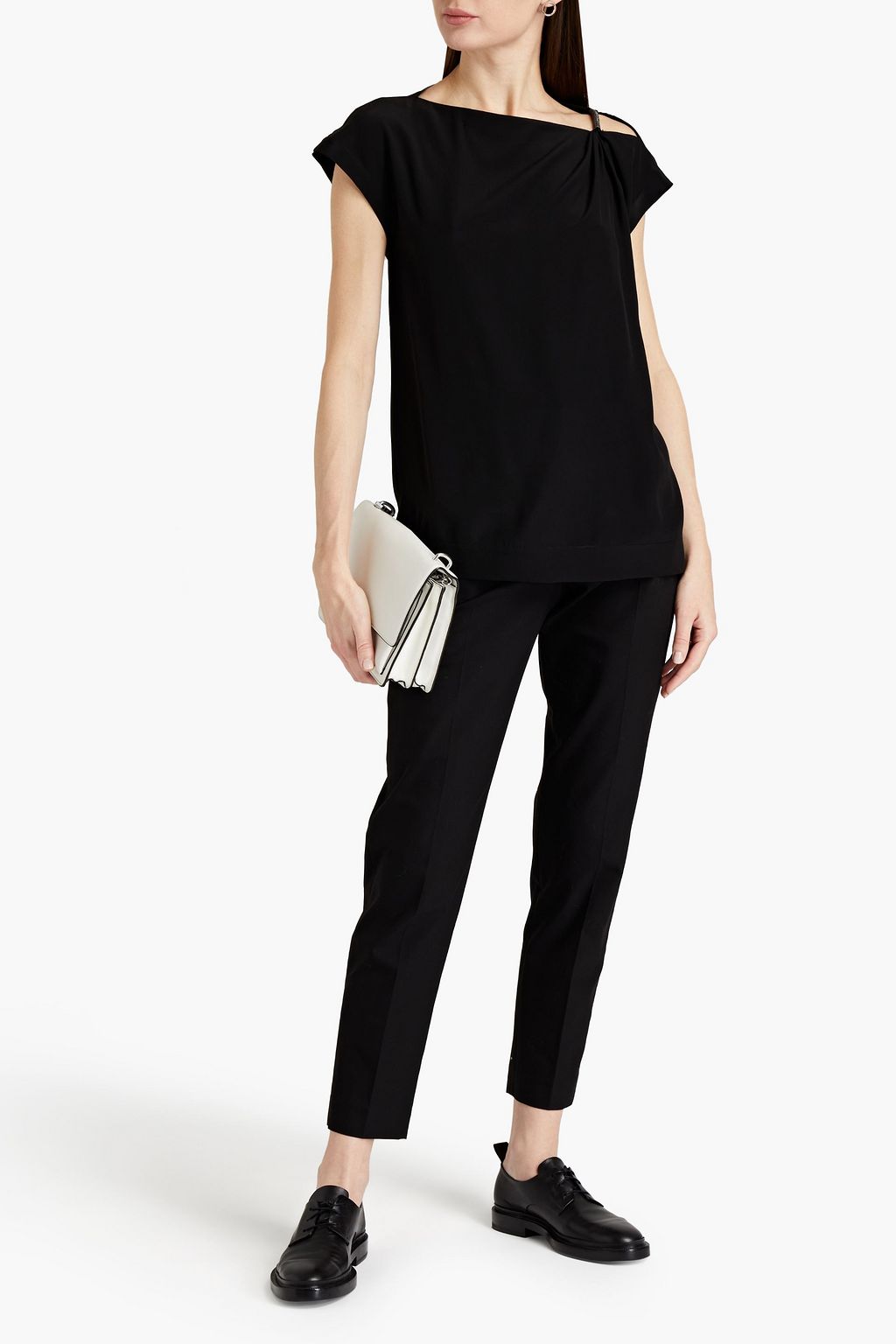 BRUNELLO CUCINELLI Bead-embellished gathered silk crepe de chine top