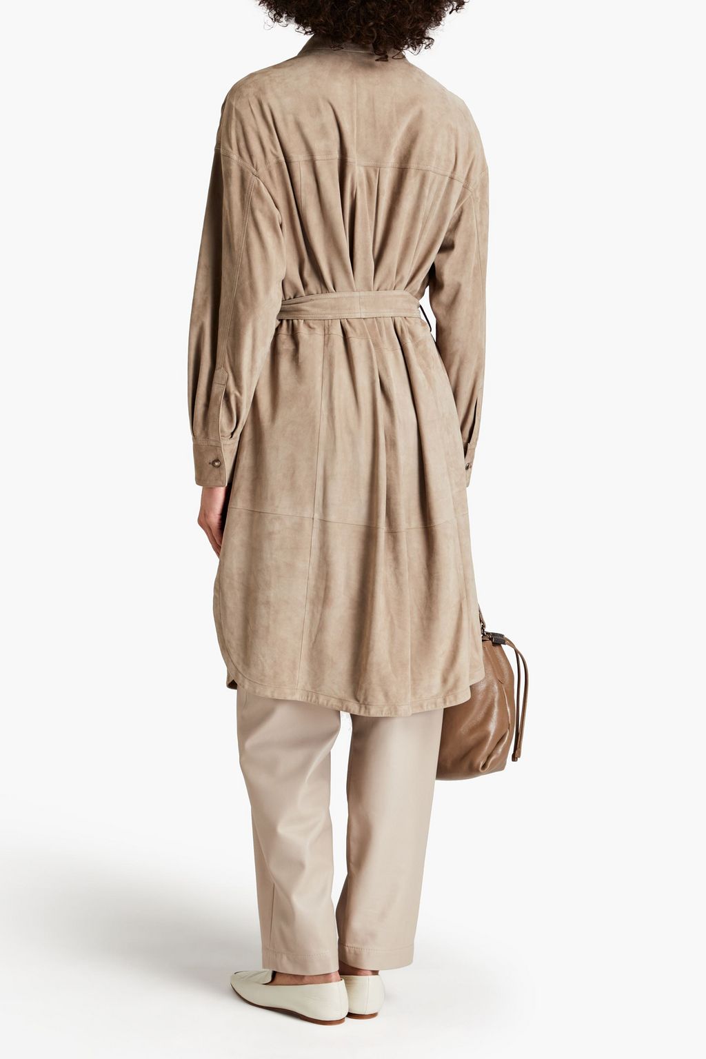 BRUNELLO CUCINELLI Mantel aus Veloursleder mit Gürtel und Zierperlen
