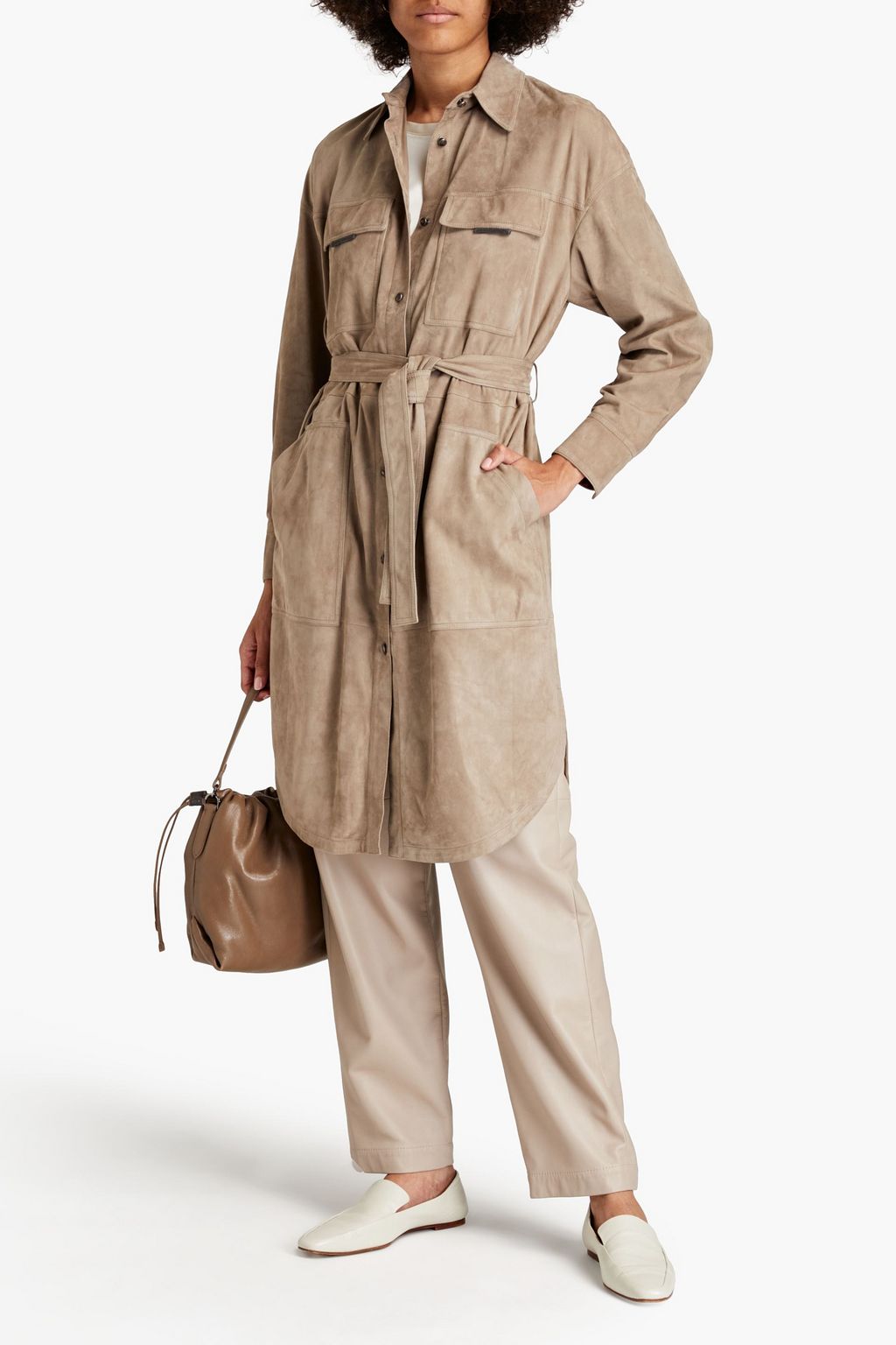 BRUNELLO CUCINELLI Mantel aus Veloursleder mit Gürtel und Zierperlen