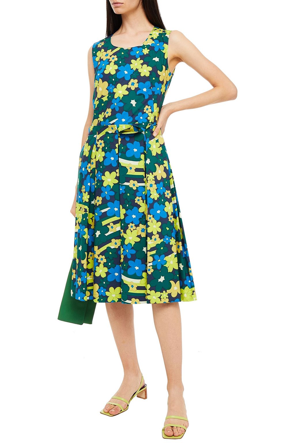 MARNI Pleated printed cotton-poplin midi dress