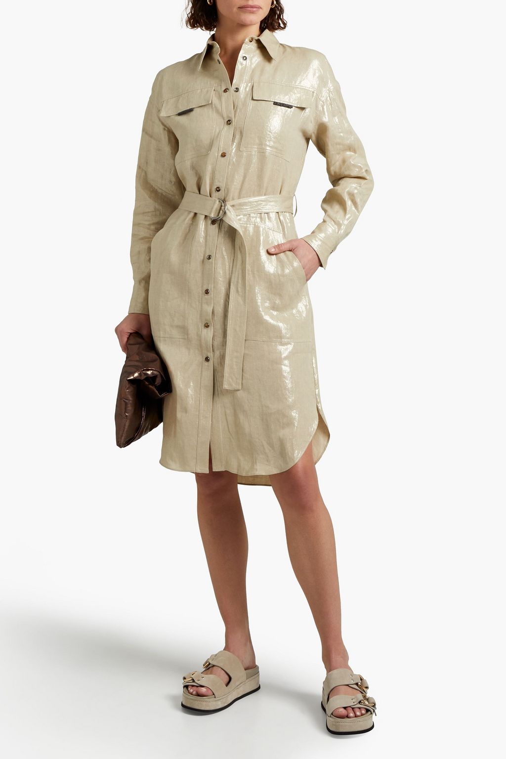 BRUNELLO CUCINELLI 코팅 메탈릭 리넨 셔츠 드레스