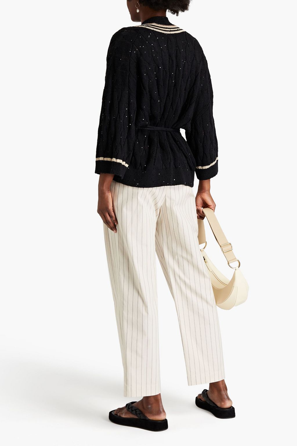 BRUNELLO CUCINELLI Belted pinstriped stretch-cotton tapered pants