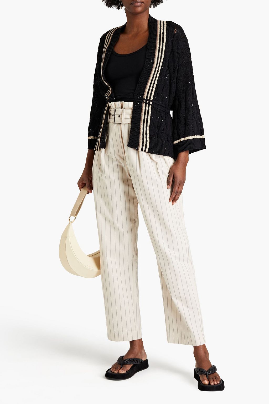 BRUNELLO CUCINELLI Belted pinstriped stretch-cotton tapered pants