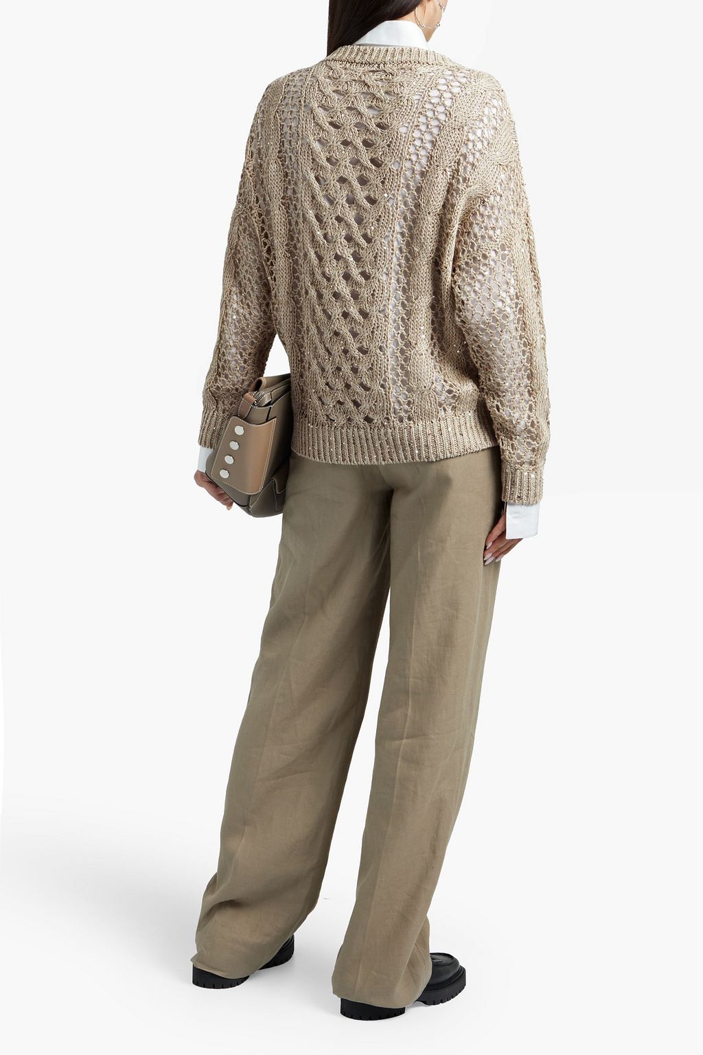BRUNELLO CUCINELLI Sequined cable-knit hemp, linen and silk-blend sweater