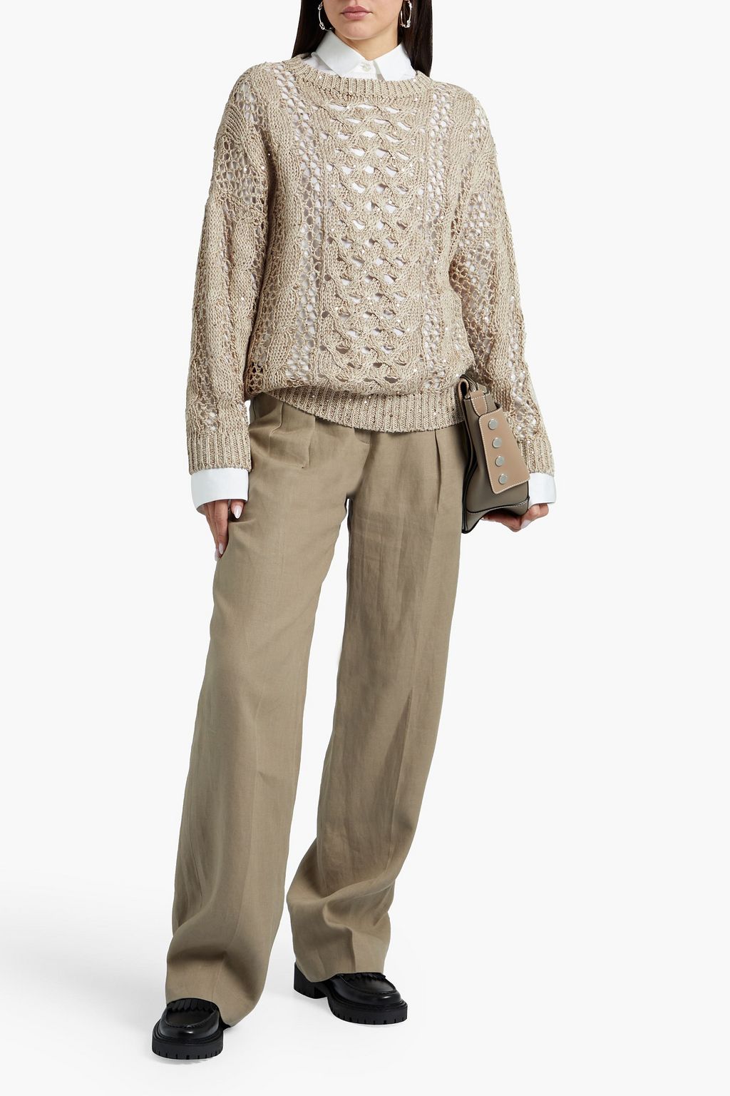 BRUNELLO CUCINELLI Sequined cable-knit hemp, linen and silk-blend sweater