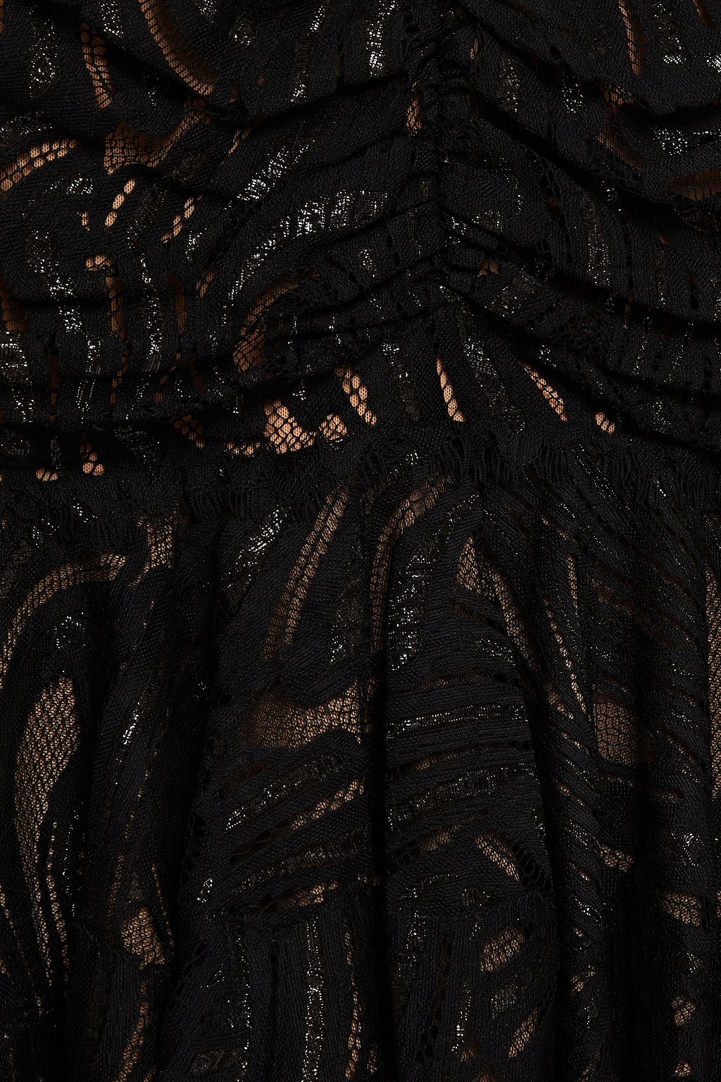 SIMKHAI Ruched metallic macramé lace mini dress