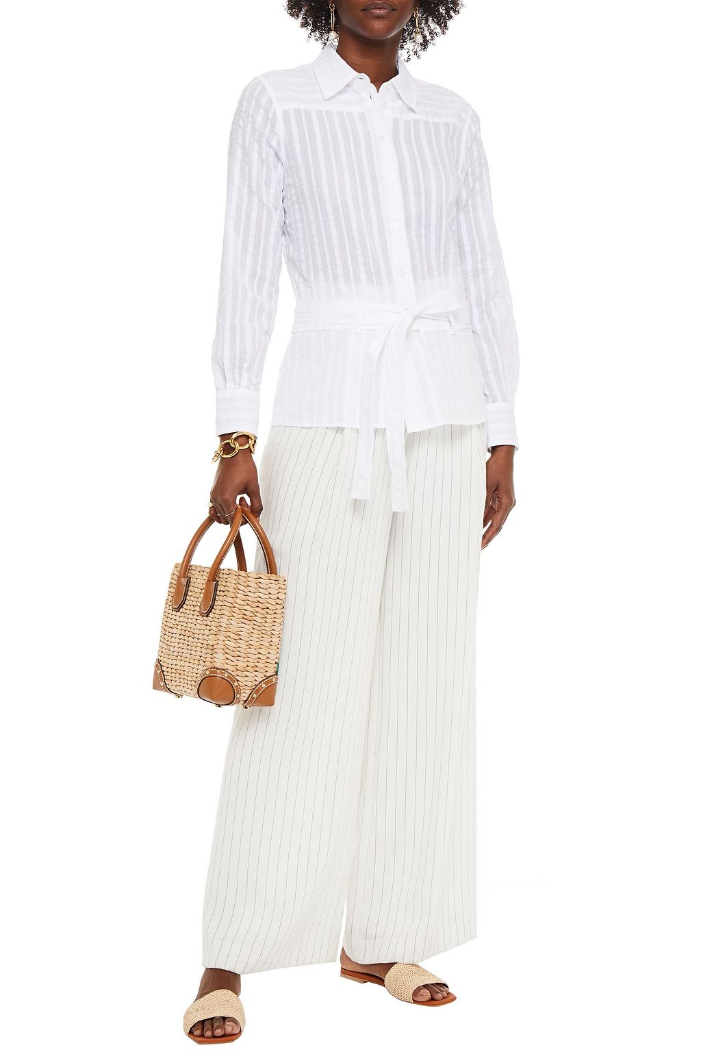 TORY BURCH Belted cotton-jacquard shirt