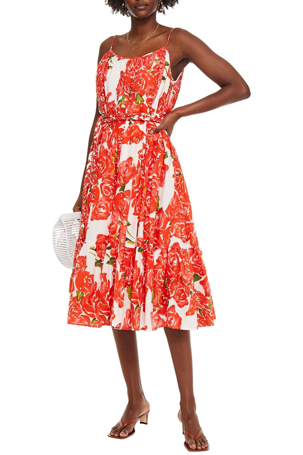 RHODE Lea belted gathered floral-print cotton midi dress