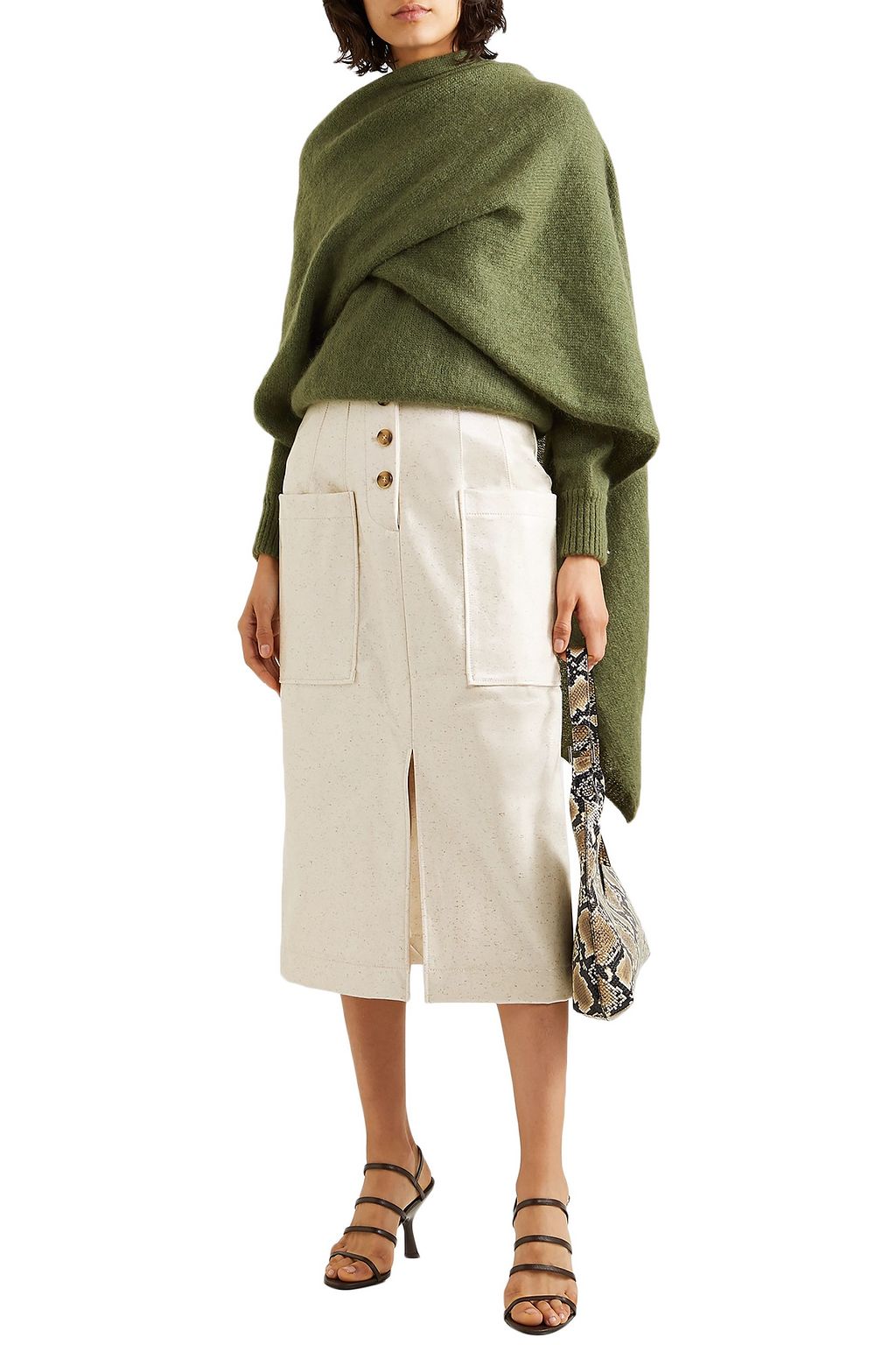 REJINA PYO Carmen button-embellished coated wool-blend midi skirt