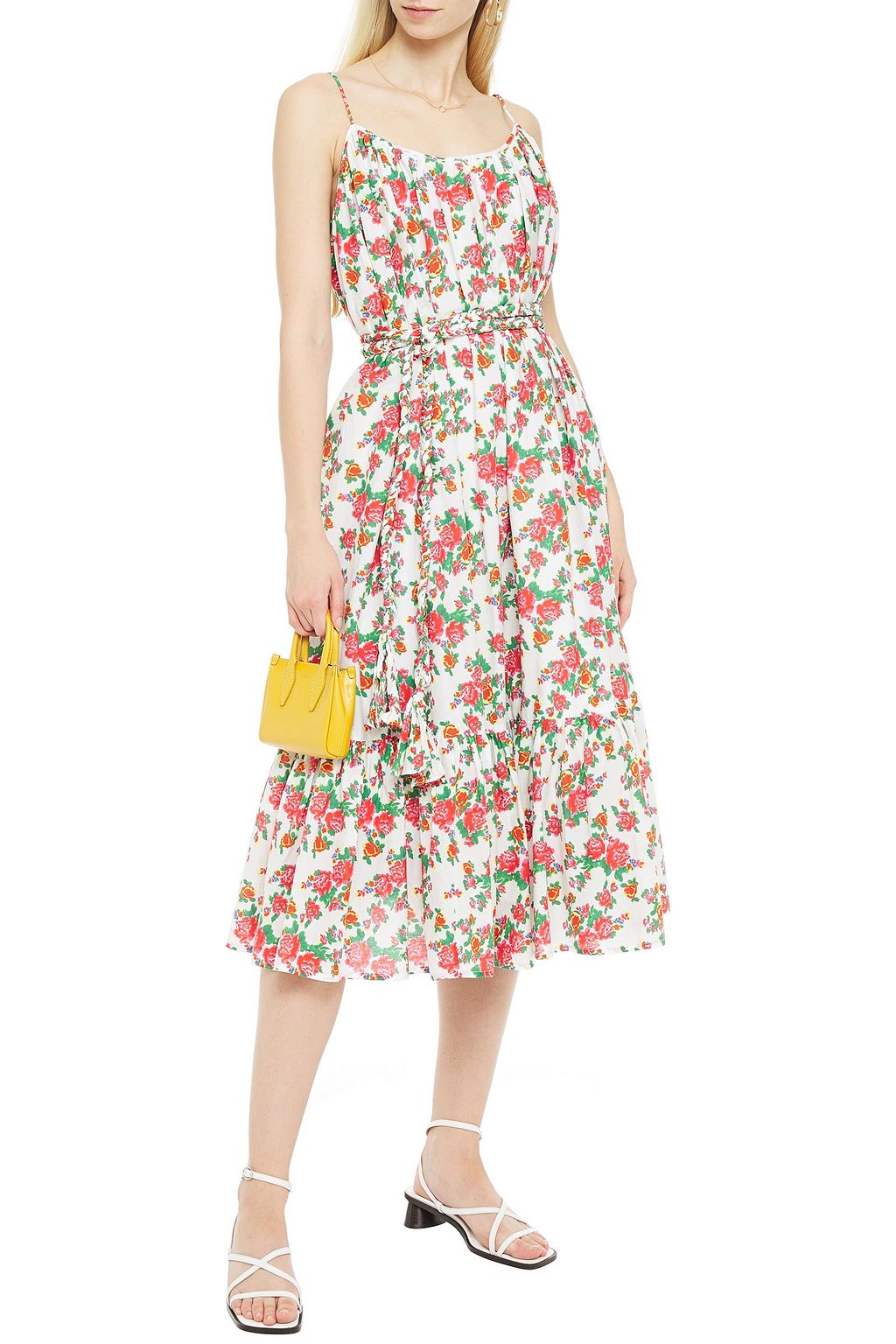 RHODE Lea gathered floral-print cotton-poplin midi dress