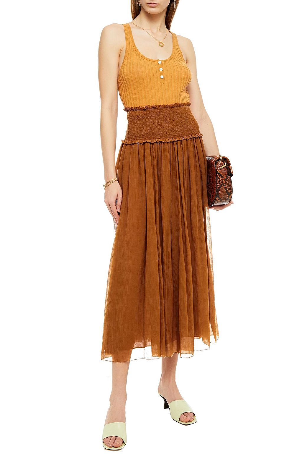 ZIMMERMANN Bonita Crinkle shirred cotton and silk-blend georgette midi skirt