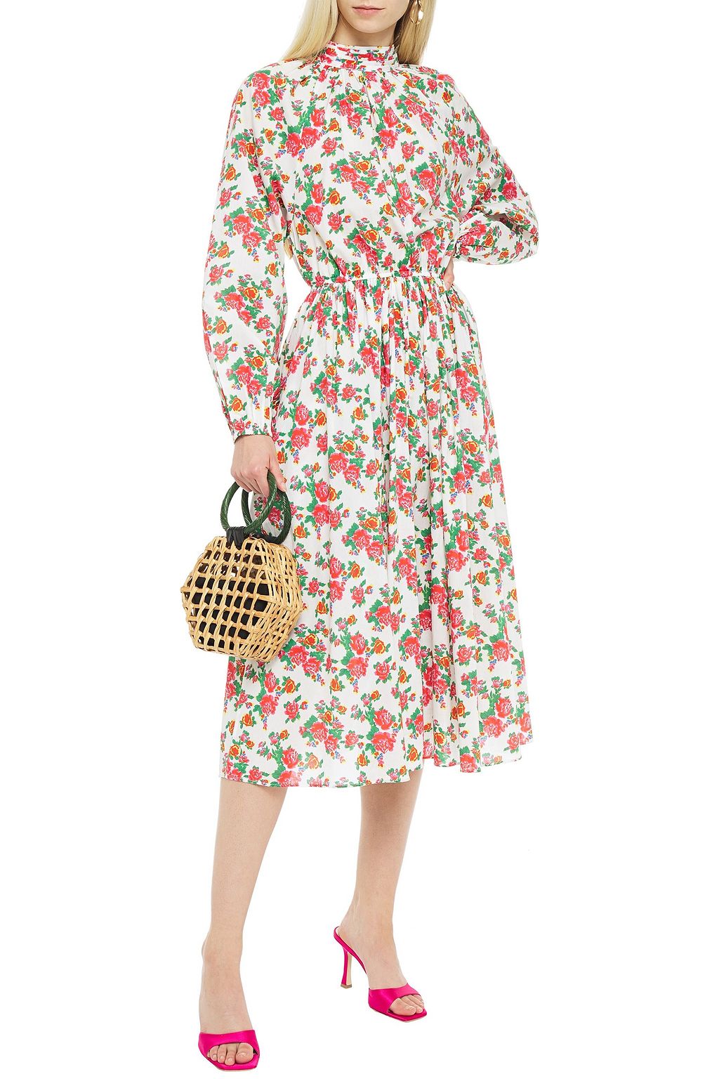 RHODE Mai gathered floral-print cotton-poplin midi dress