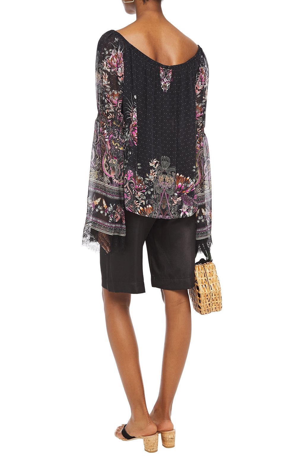 CAMILLA Lace-trimmed crystal-embellished printed silk crepe de chine blouse