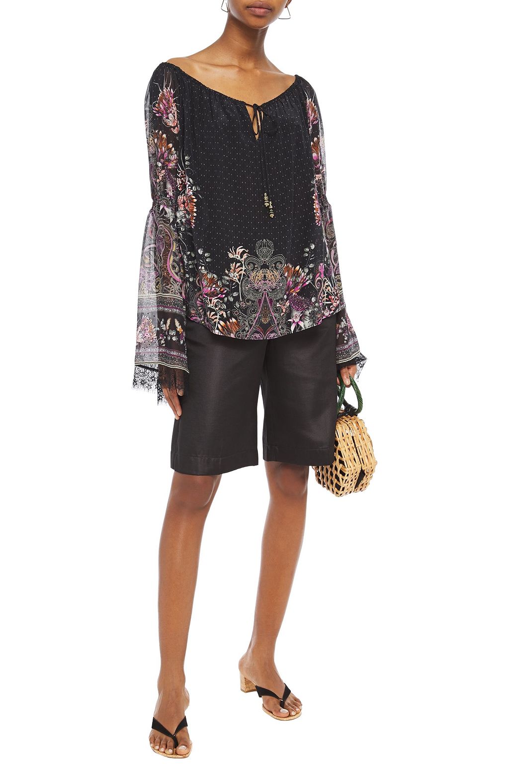 CAMILLA Lace-trimmed crystal-embellished printed silk crepe de chine blouse
