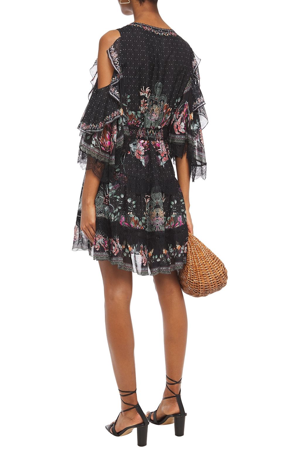 CAMILLA Cold-shoulder embellished printed silk crepe de chine mini dress