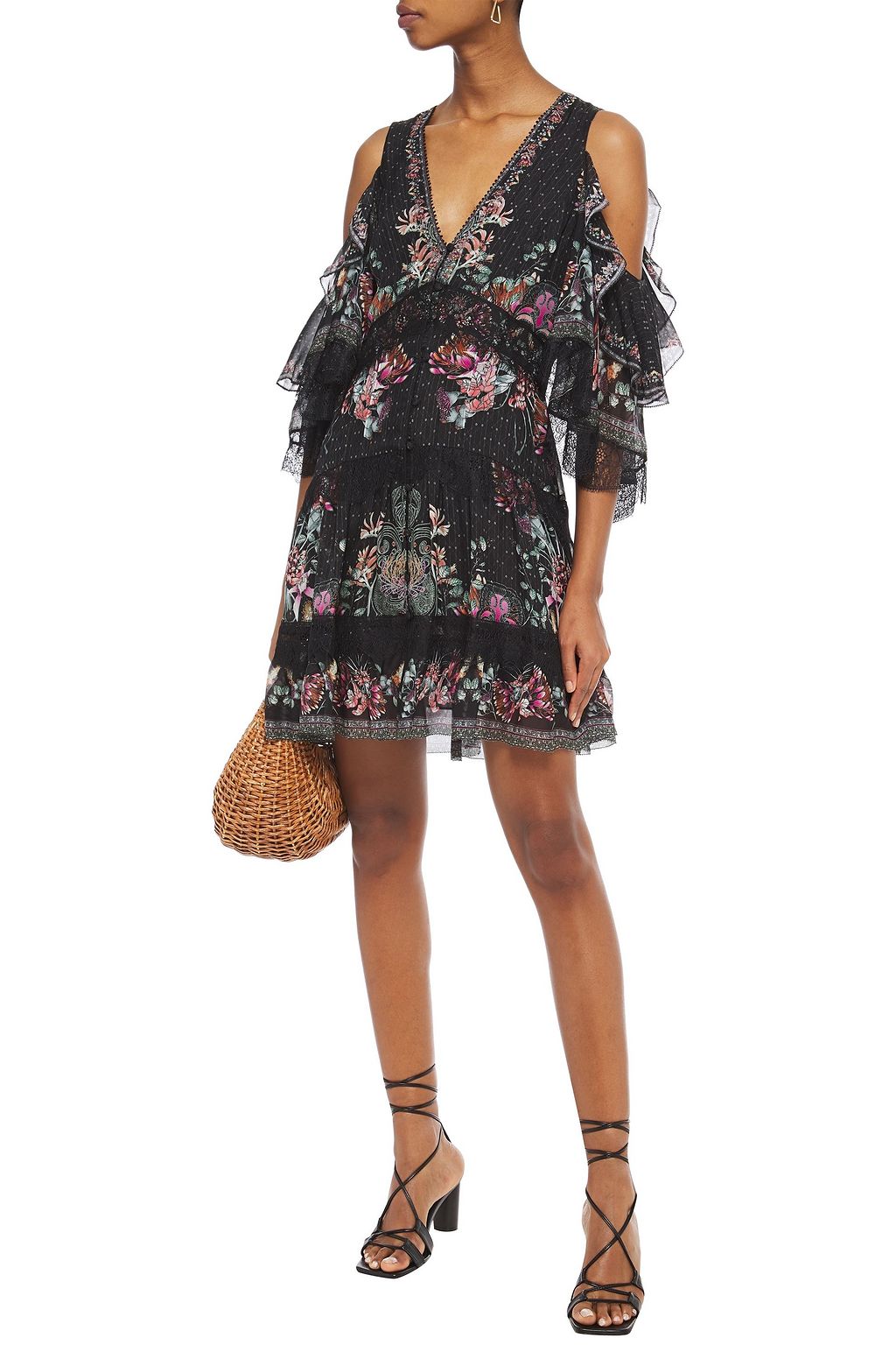 CAMILLA Cold-shoulder embellished printed silk crepe de chine mini dress