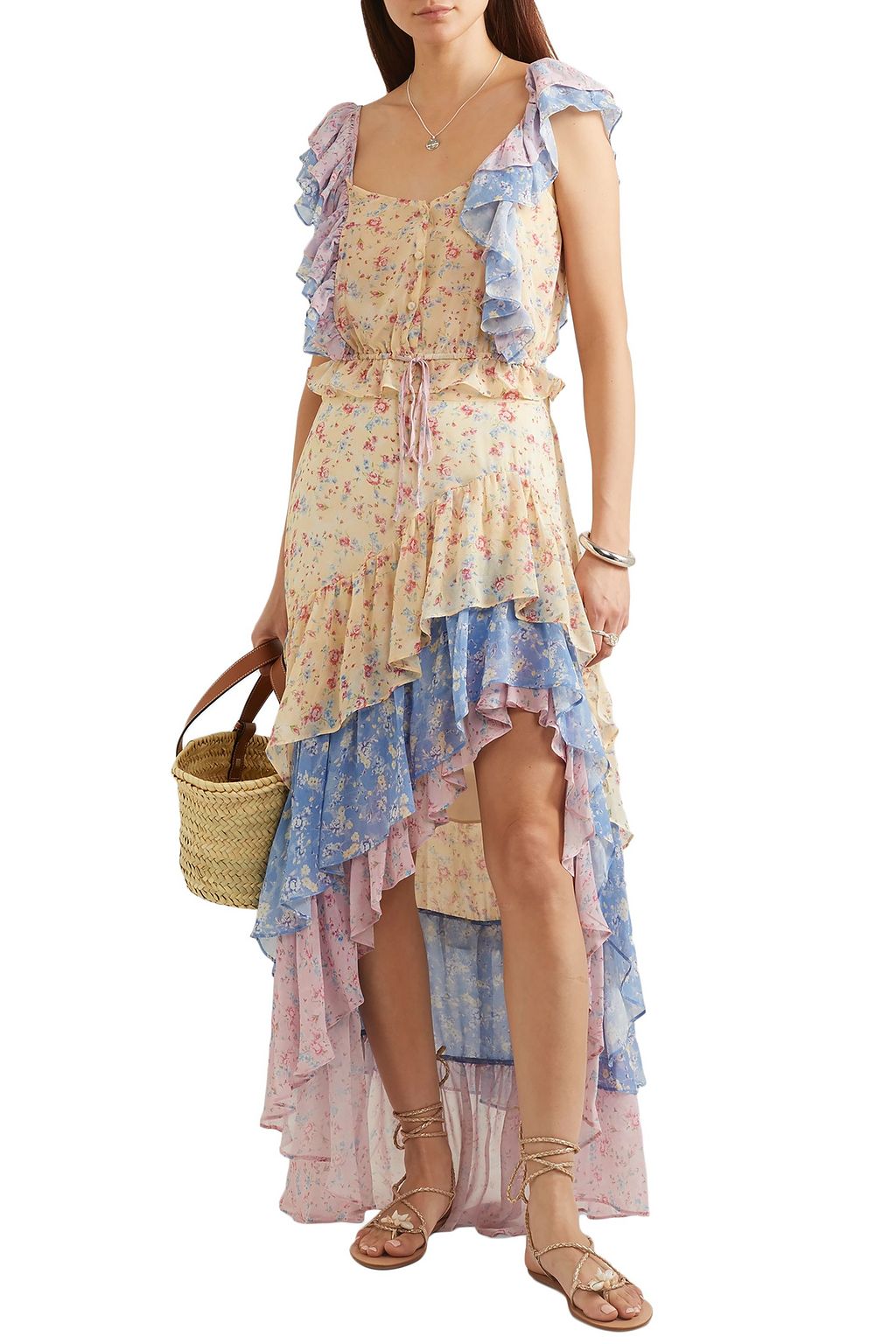 LOVESHACKFANCY Avery cropped ruffled floral-print silk-georgette top