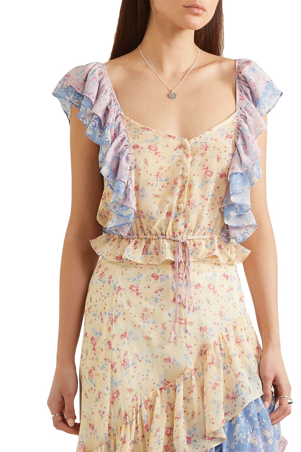 LOVESHACKFANCY Avery cropped ruffled floral-print silk-georgette top