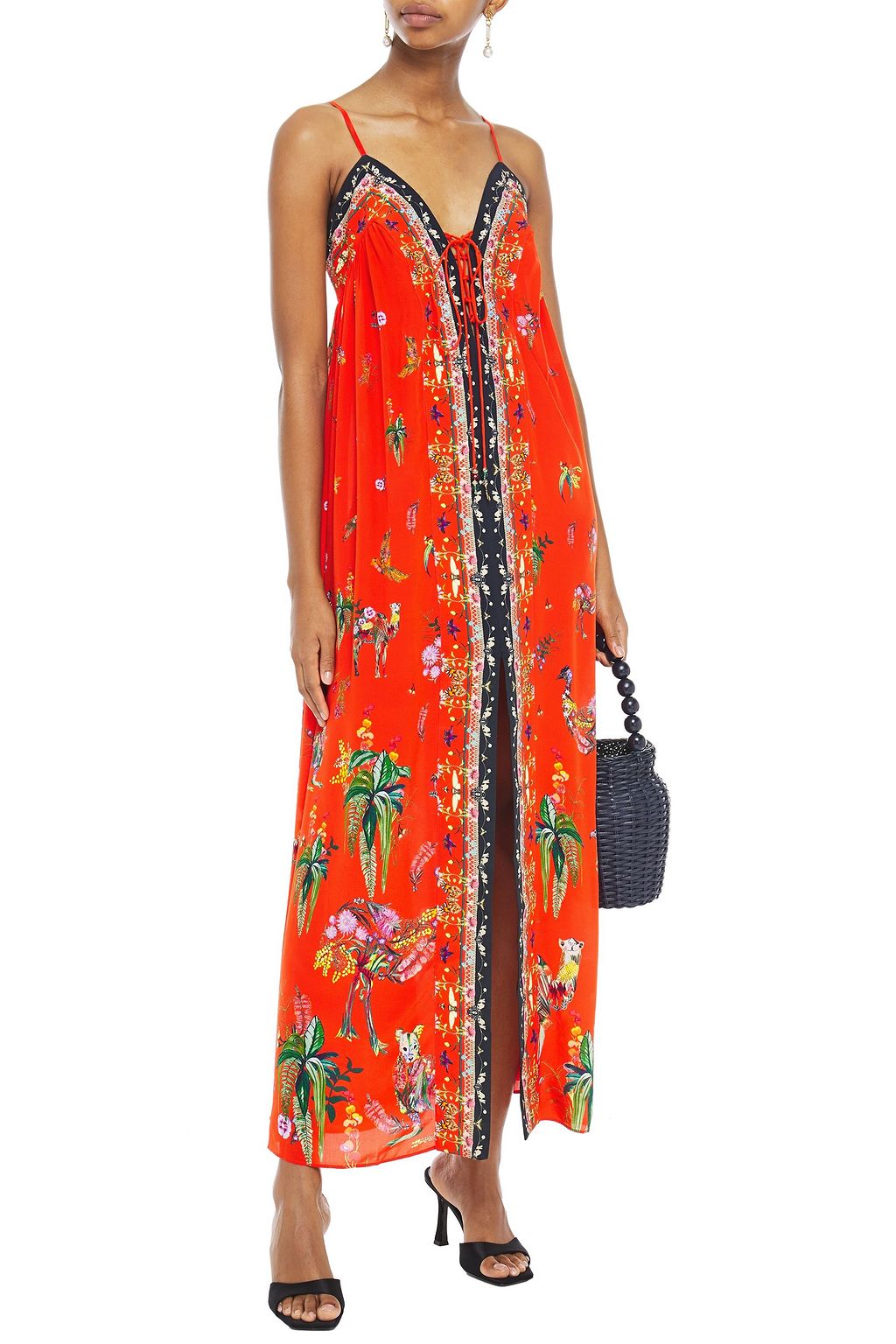 CAMILLA Cinema Paradiso lace-up embellished printed silk crepe de chine maxi dress
