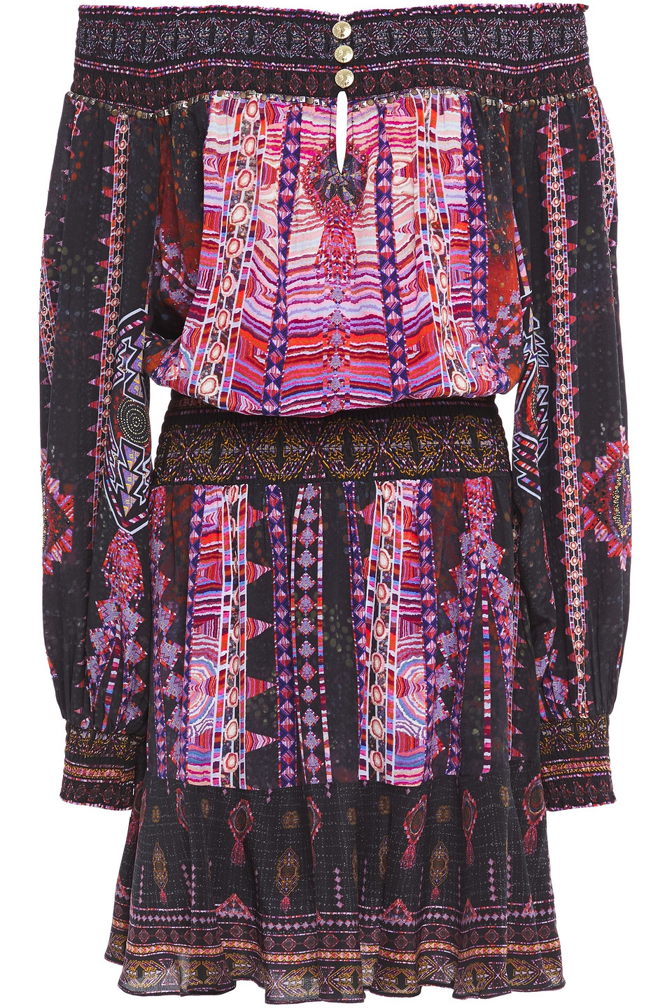 Camilla Off-the-shoulder embellished printed silk crepe de chine mini dress