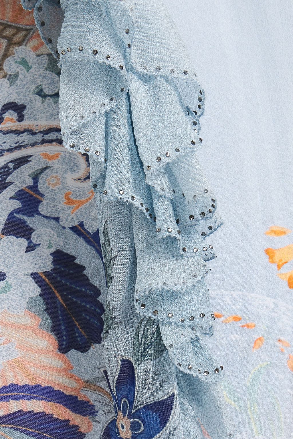 CAMILLA Lace-up crystal-embellished ruffled printed silk-chiffon blouse