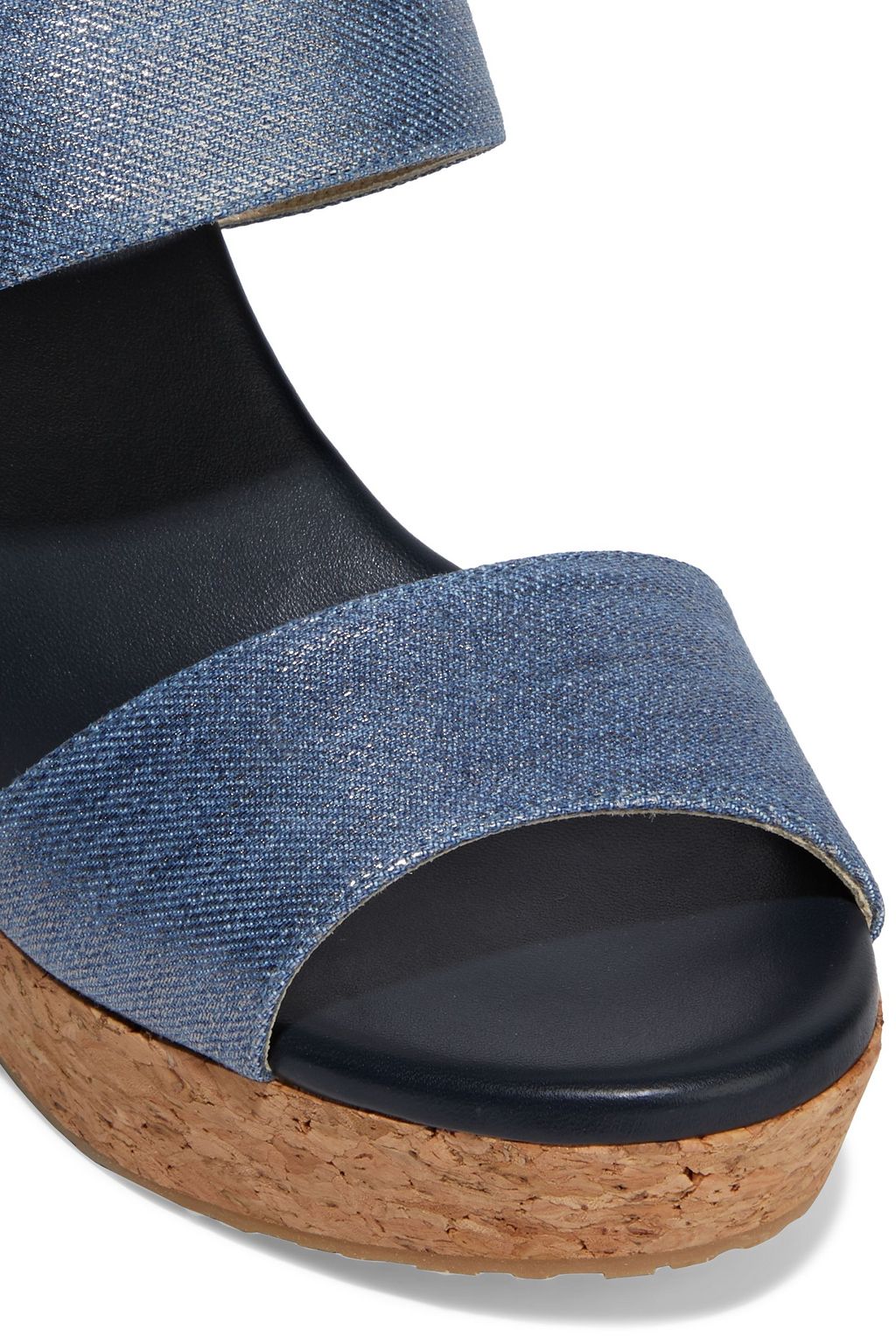 JIMMY CHOO Parker 100 metallic denim and cork wedge mules