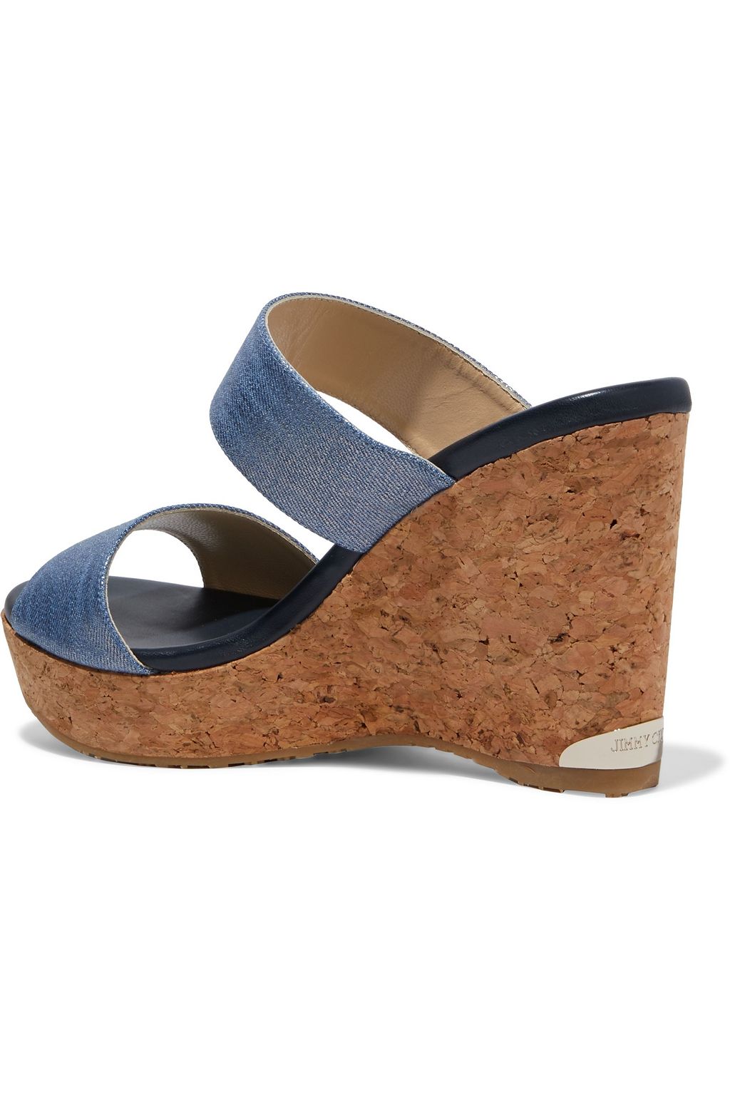 JIMMY CHOO Parker 100 metallic denim and cork wedge mules