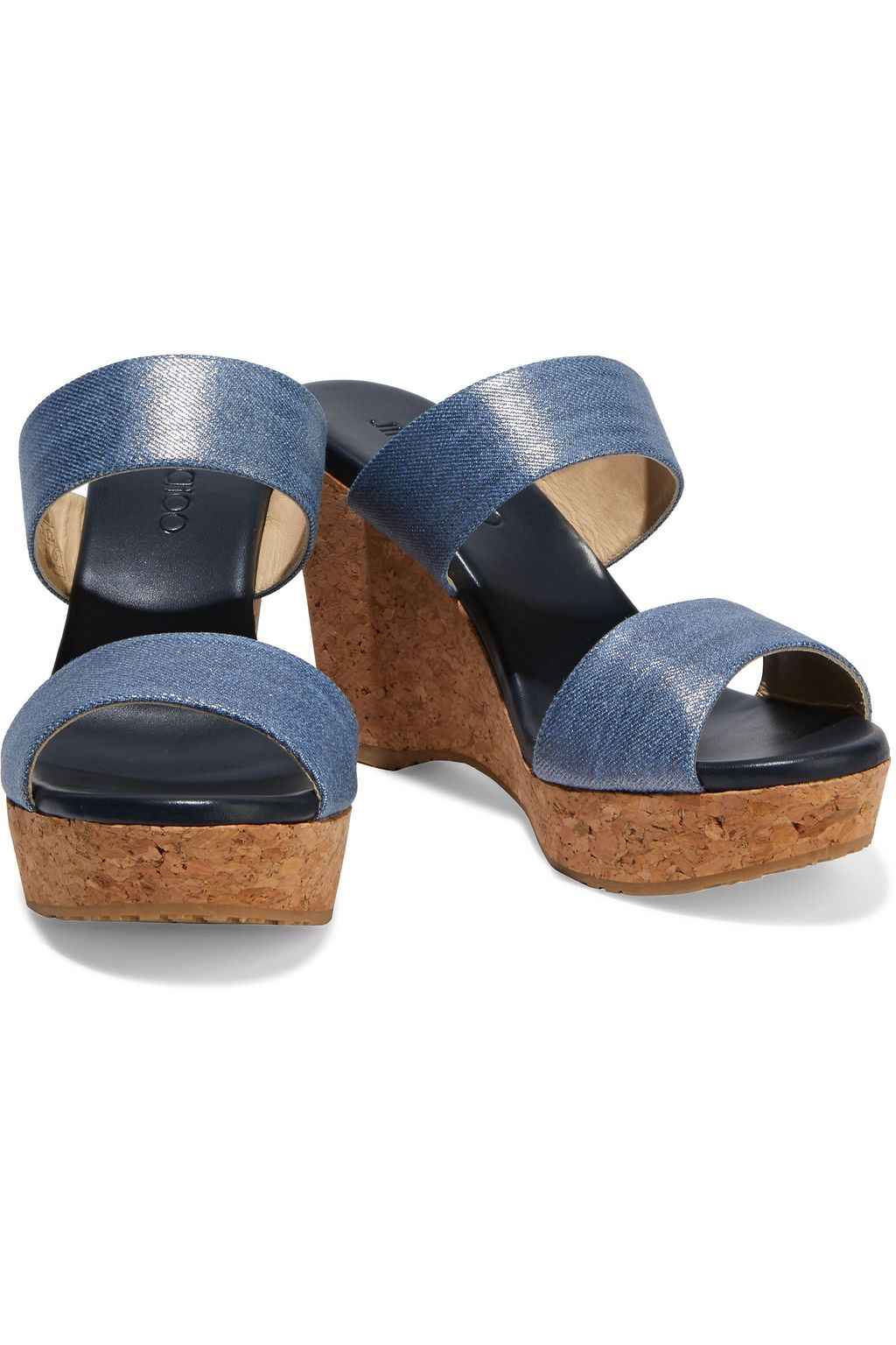 JIMMY CHOO Parker 100 metallic denim and cork wedge mules