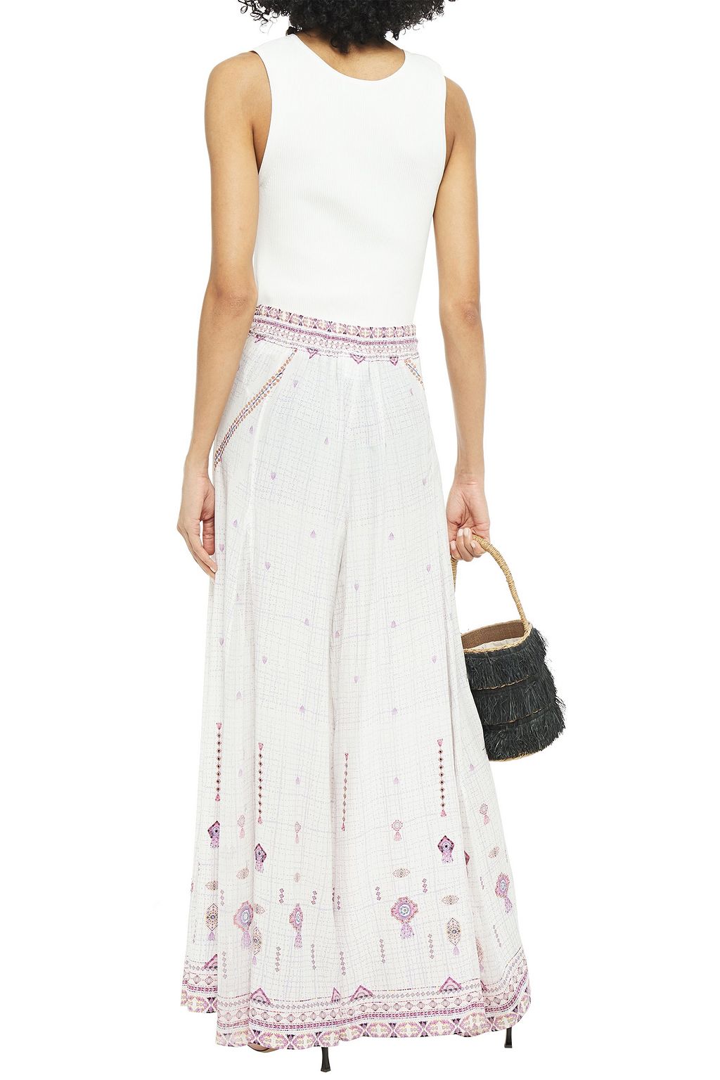 CAMILLA Embellished printed fil coupé silk crepe de chine wide-leg pants