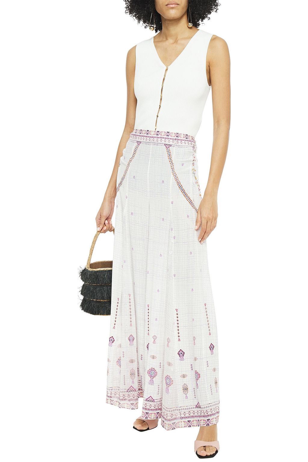 CAMILLA Embellished printed fil coupé silk crepe de chine wide-leg pants