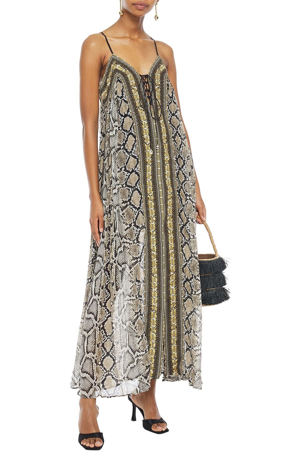 CAMILLA Lace-up crystal-embellished snake-print silk-chiffon maxi dress