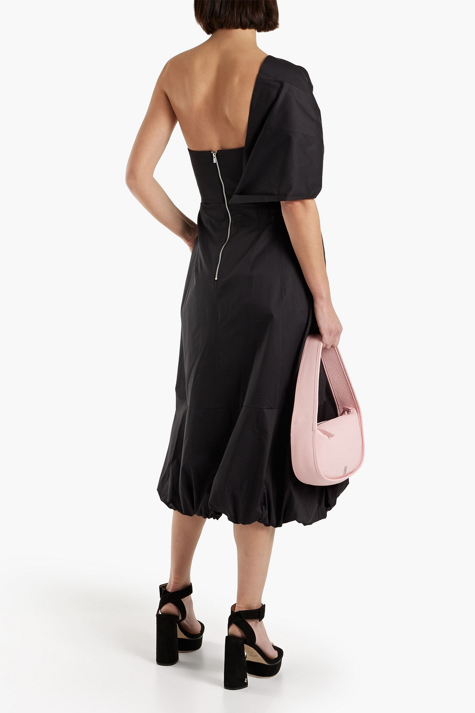 Shop Tibi One-shoulder Draped Cotton-poplin Midi Dress In Black