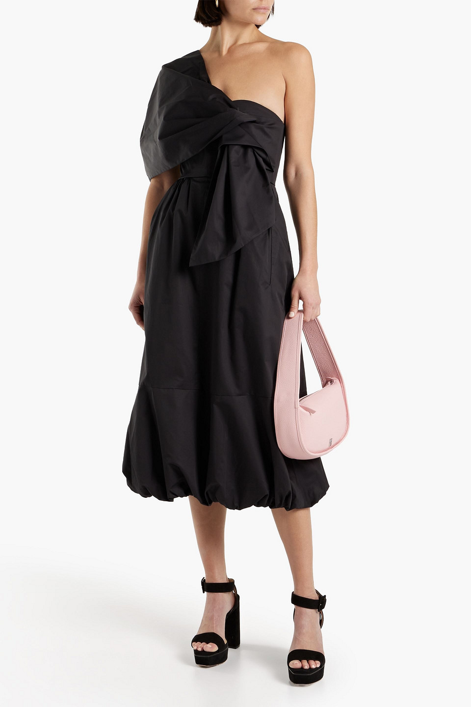 Shop Tibi One-shoulder Draped Cotton-poplin Midi Dress In Black