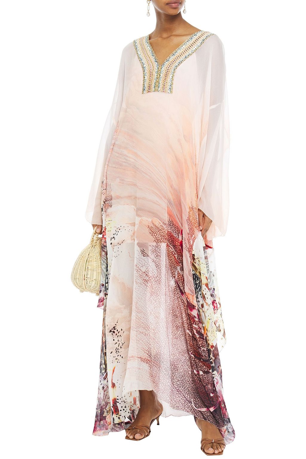 CAMILLA Coastal Treasure ruffled embellished printed fil coupé silk kaftan