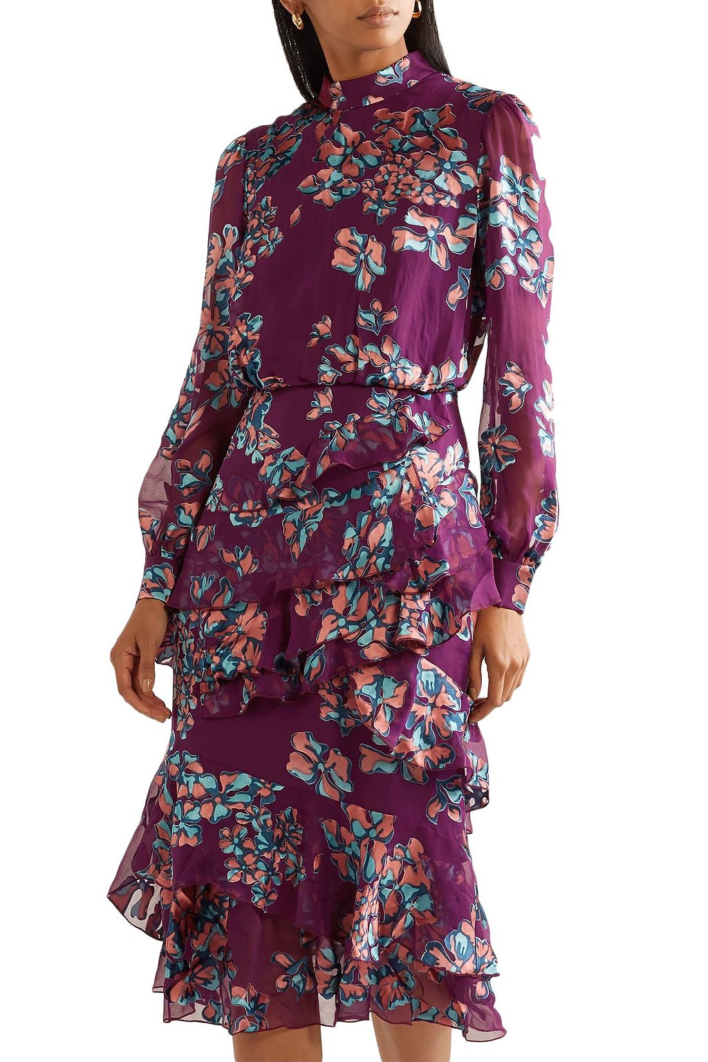 SALONI Isa Midikleid aus Devoré mit Blumenprint und Rüschen