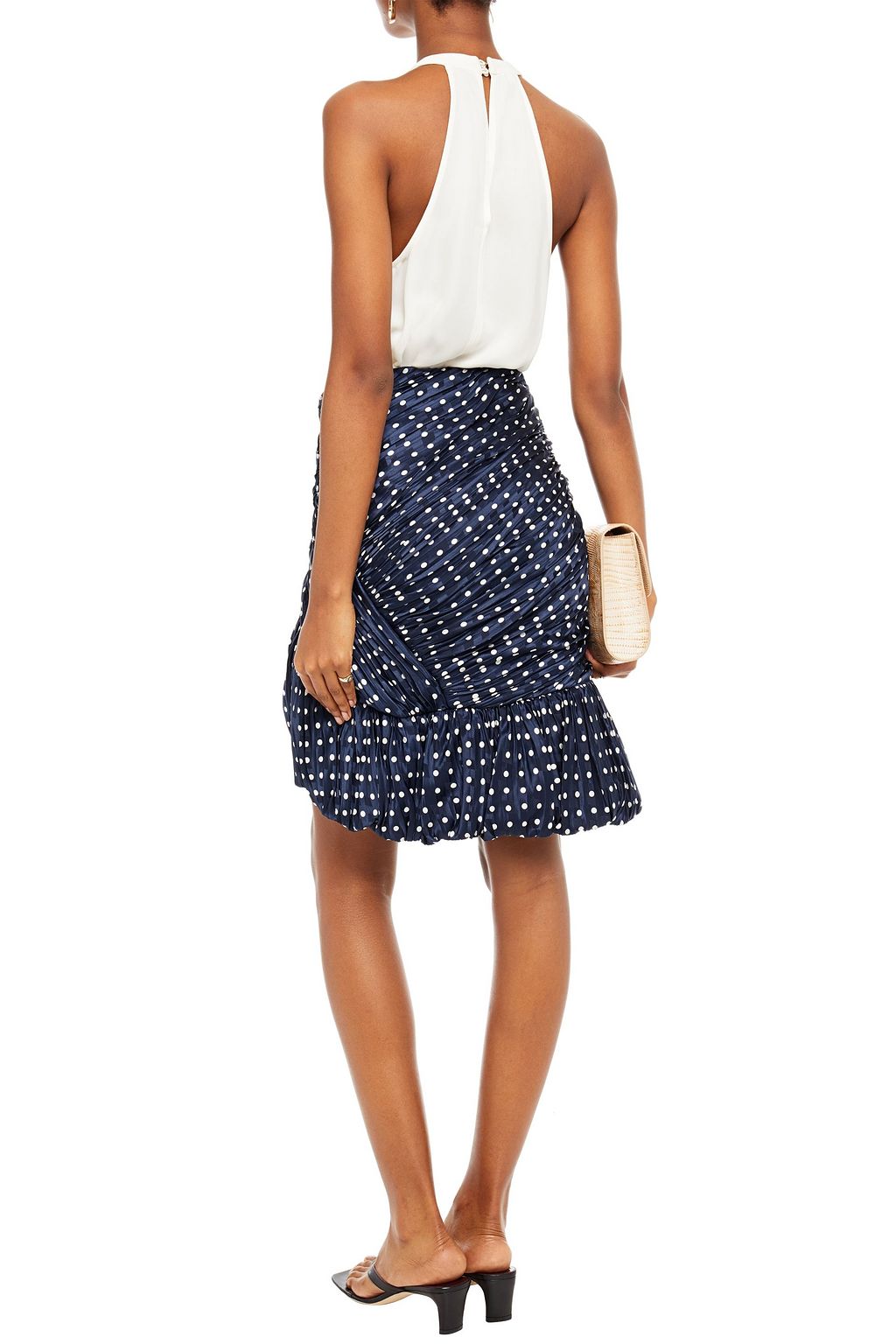 TORY BURCH Ruched gathered polka-dot silk-satin jacquard mini skirt
