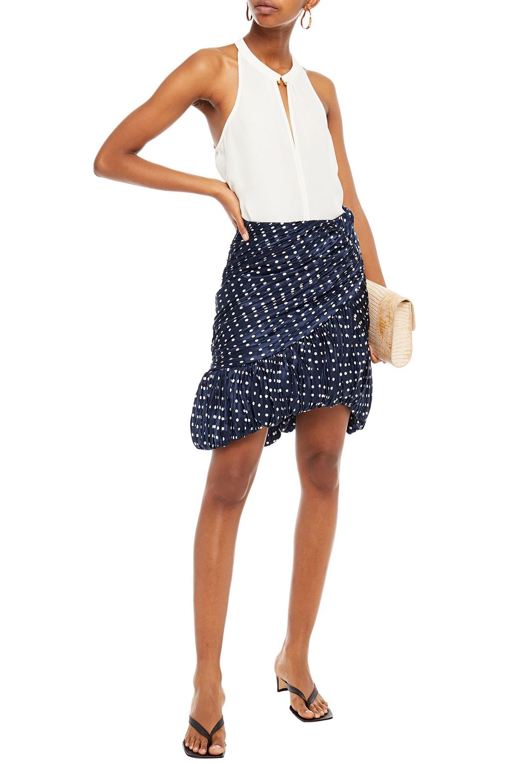 TORY BURCH Ruched gathered polka-dot silk-satin jacquard mini skirt