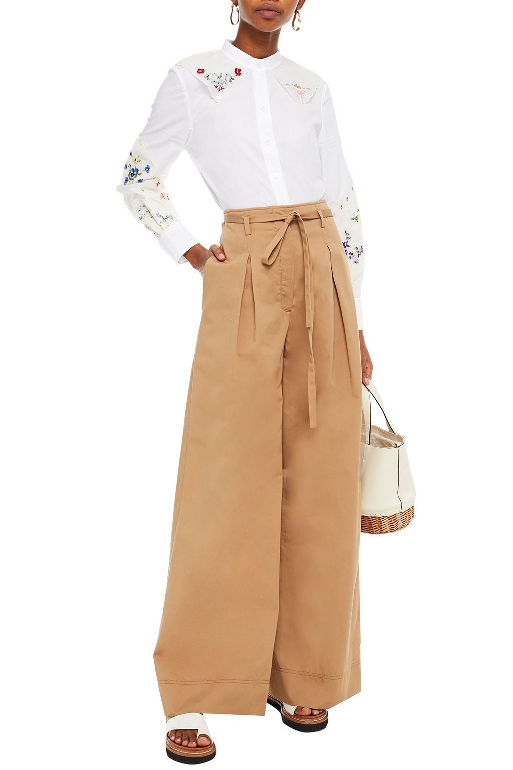 TORY BURCH Pleated cotton-twill wide-leg pants